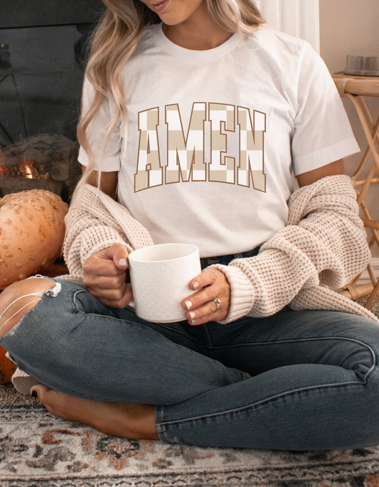 Amen - Beige/White Checkered - Clear Film Screen Print T-Shirt Transfer