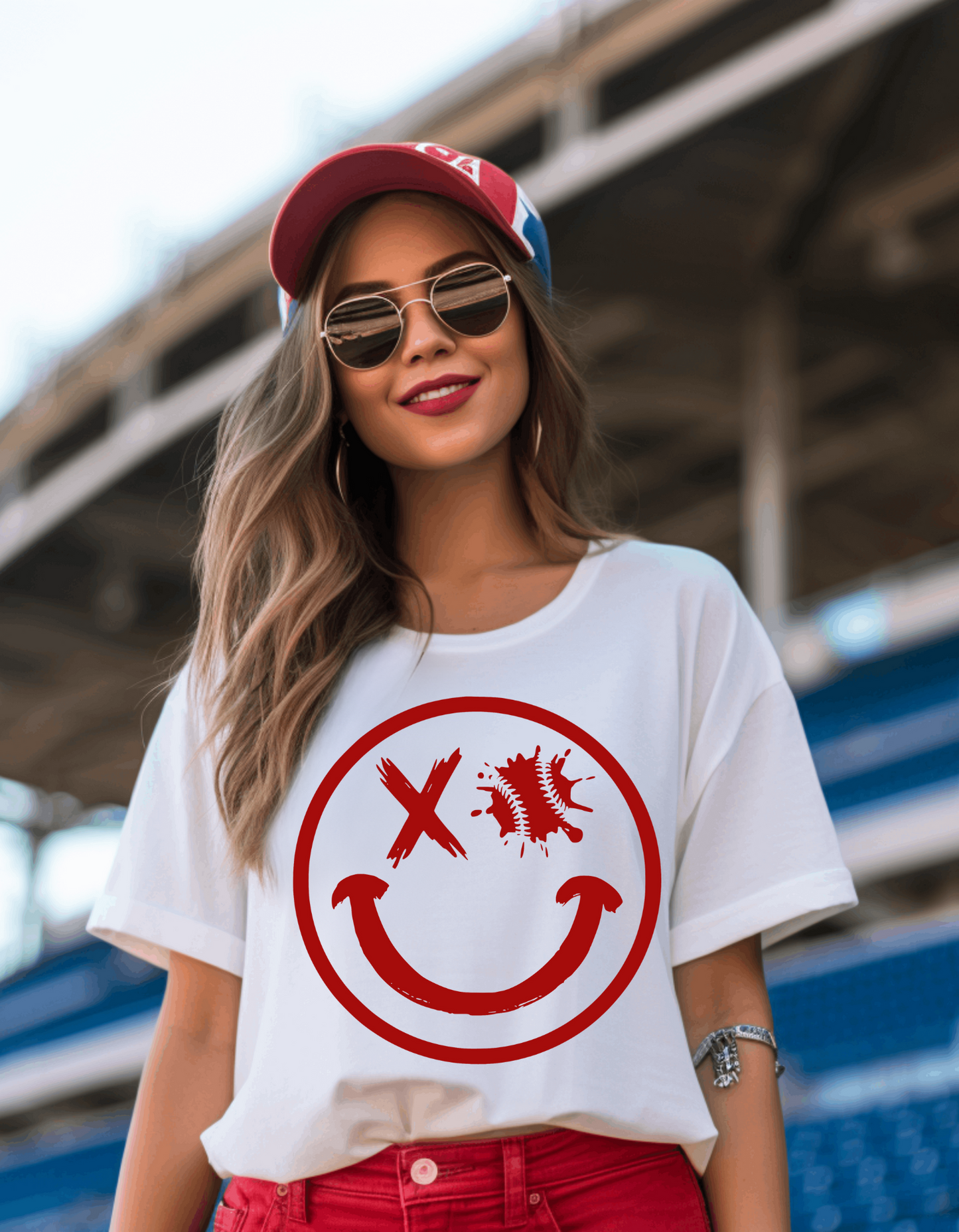 Baseball Happy Face - Sports - Trendy - Smiley - Red Plastisol Ink - Screen Print T-Shirt Transfer