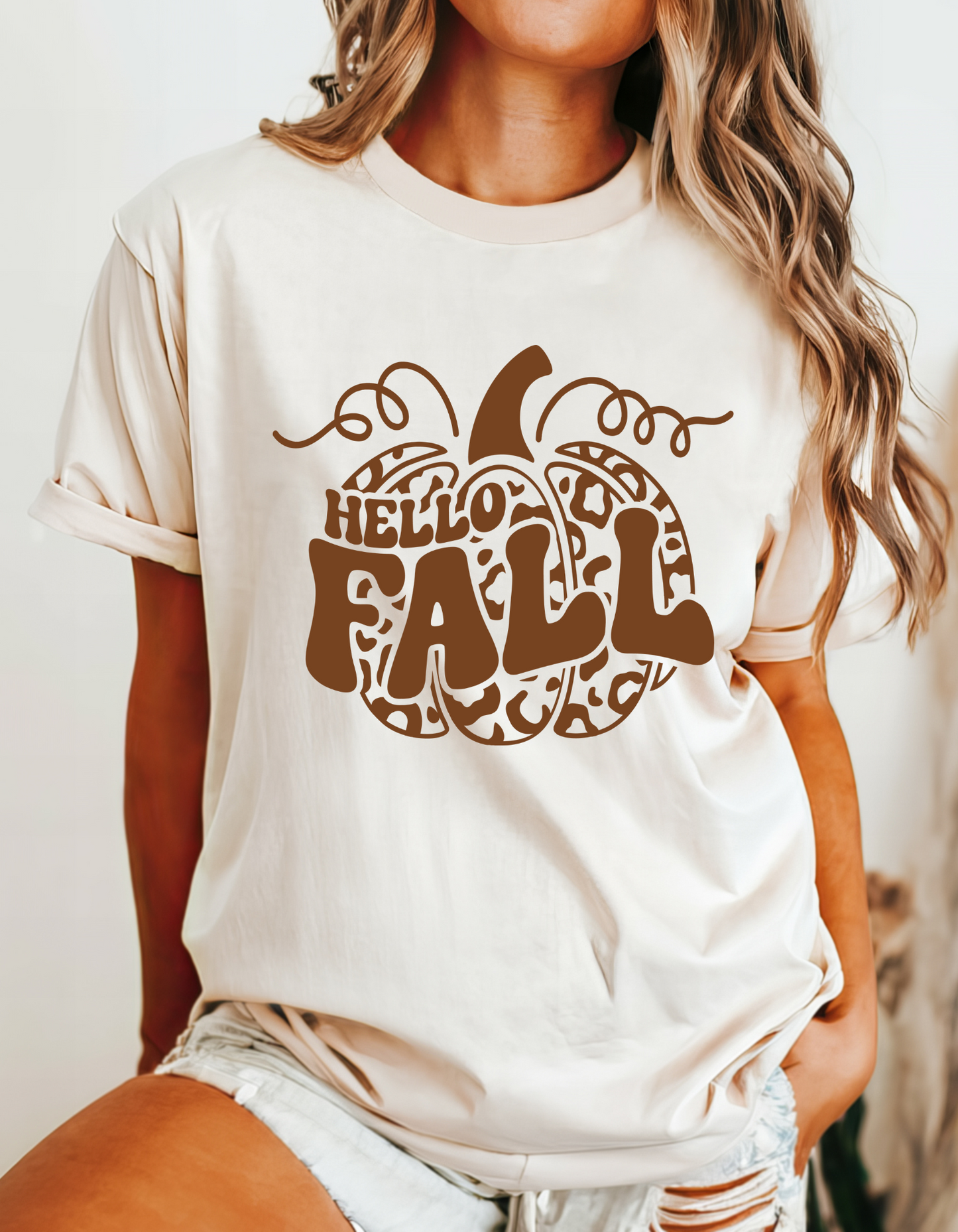 Hello Fall - Trendy - Pumpkin - Light Tan plastisol Ink - Screen Print T=Shirt Transfer