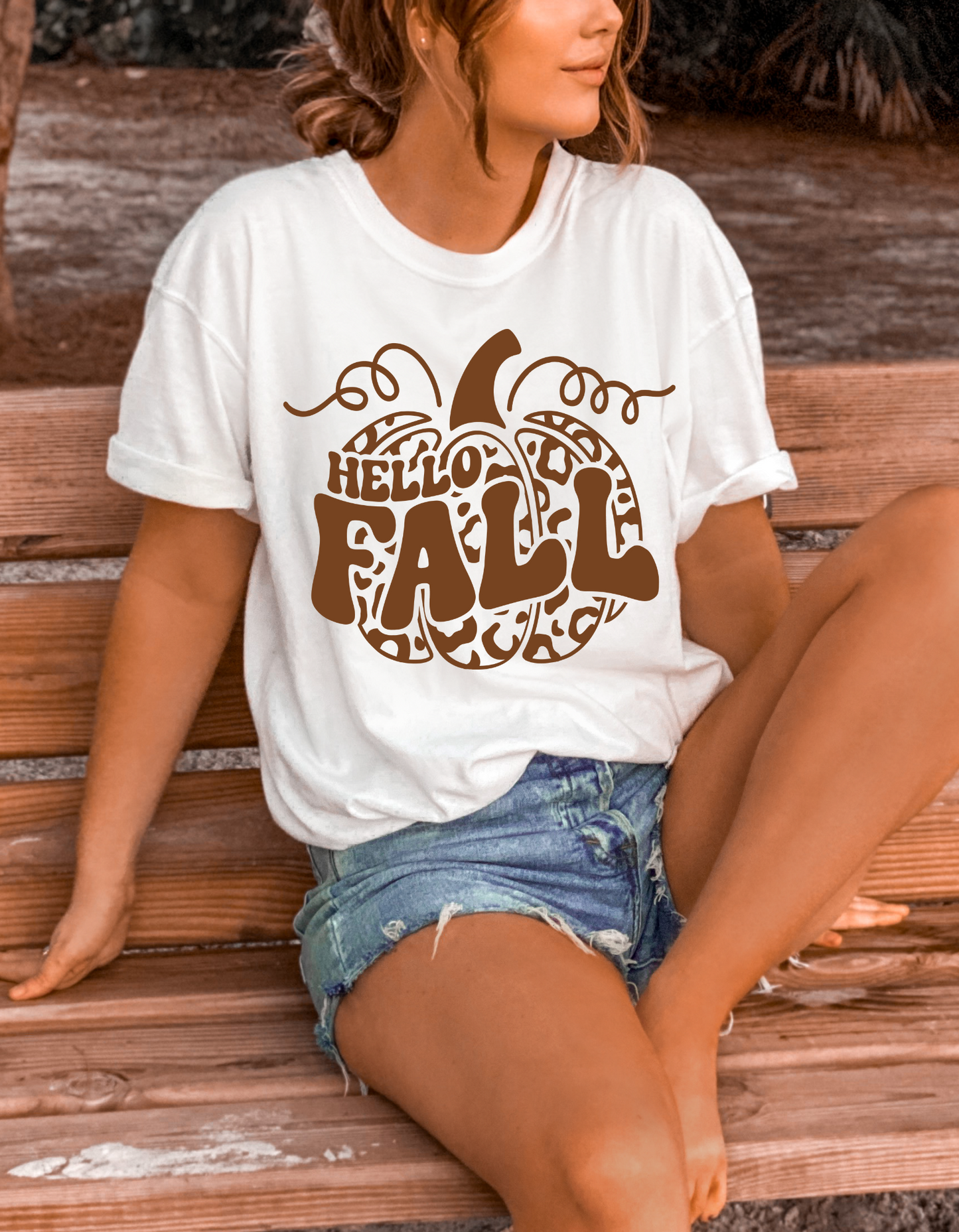 Hello Fall - Trendy - Pumpkin - Light Tan plastisol Ink - Screen Print T=Shirt Transfer