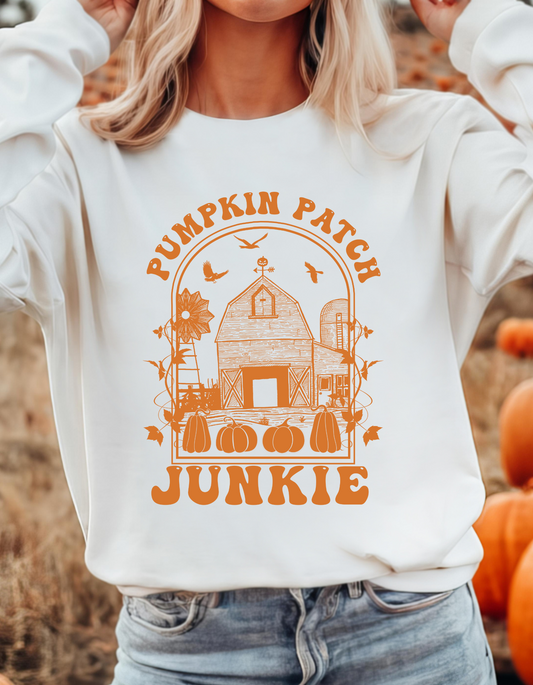 Pumpkin Patch Junkie - Fall - Trendy - Orange Plastisol Ink Screen Print T-Shirt Transfer