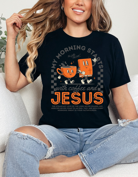 Morning Starts w/Jesus - Faith - Christian - Retro - Clear Film Screen Print T-Shirt Transfer